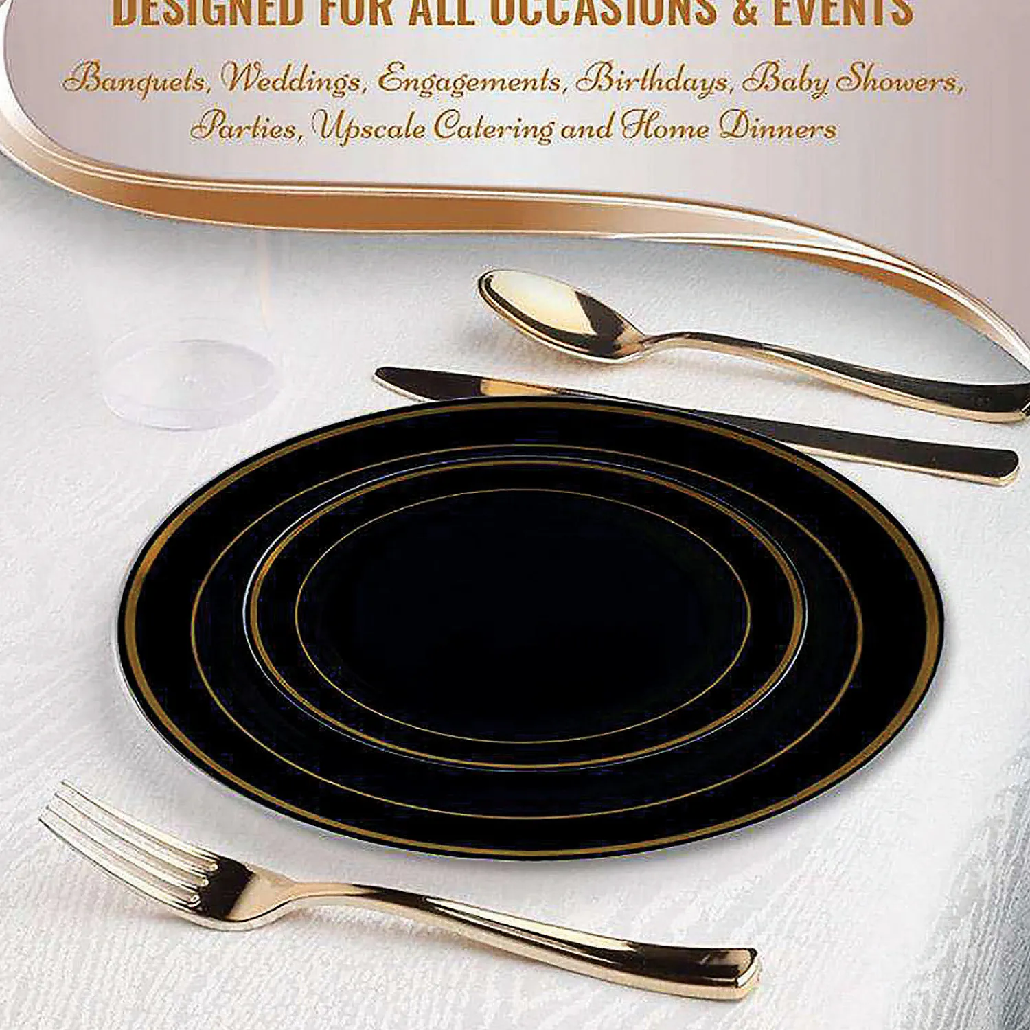black_with_gold_edge_rim_3.webp 10.25" Black With Gold Edge Rim Plastic Dinner Plates (50 Plates)<Oriental Trading Best Sale