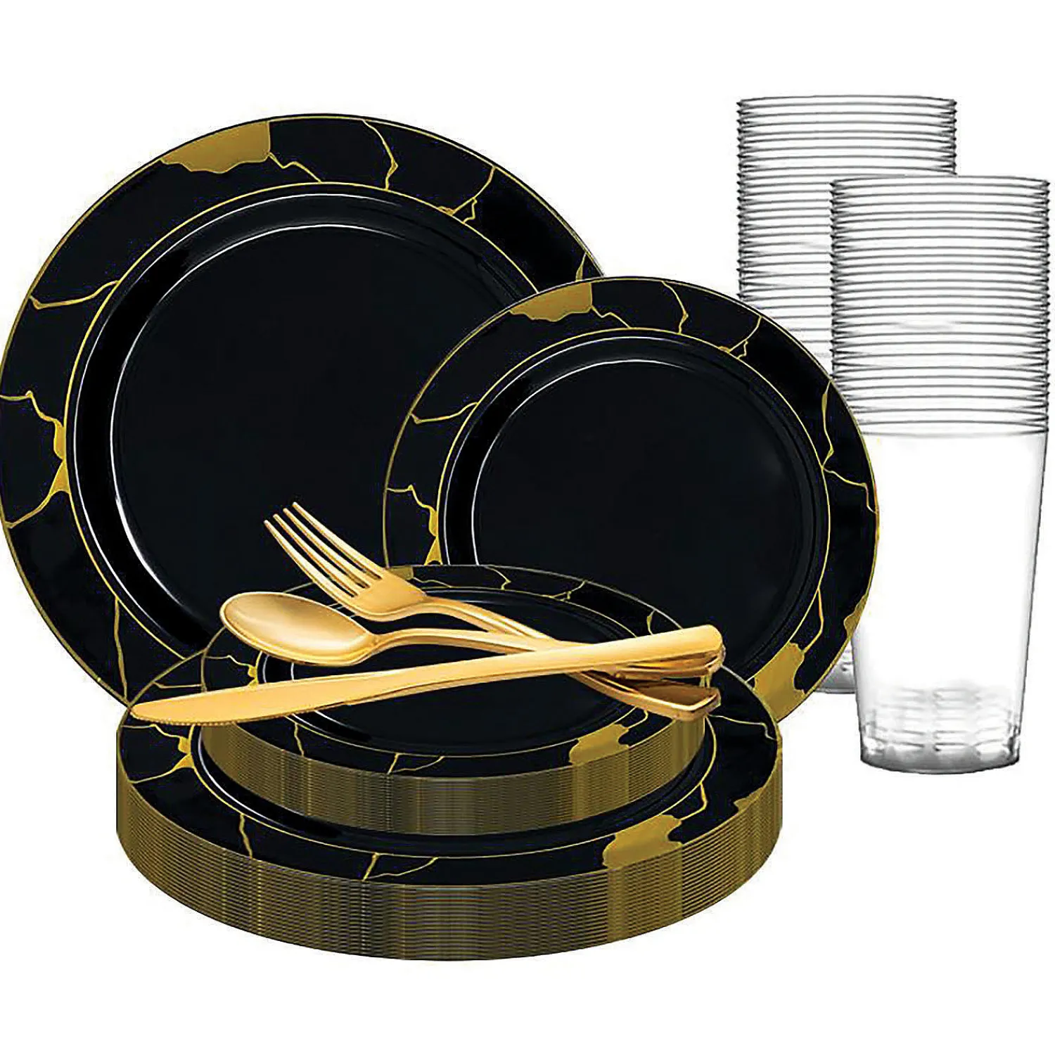 black_with_gold_marble_di_0.webp Black With Gold Marble Disposable Plastic Dinnerware Value Set (20 Settings)<Oriental Trading Sale