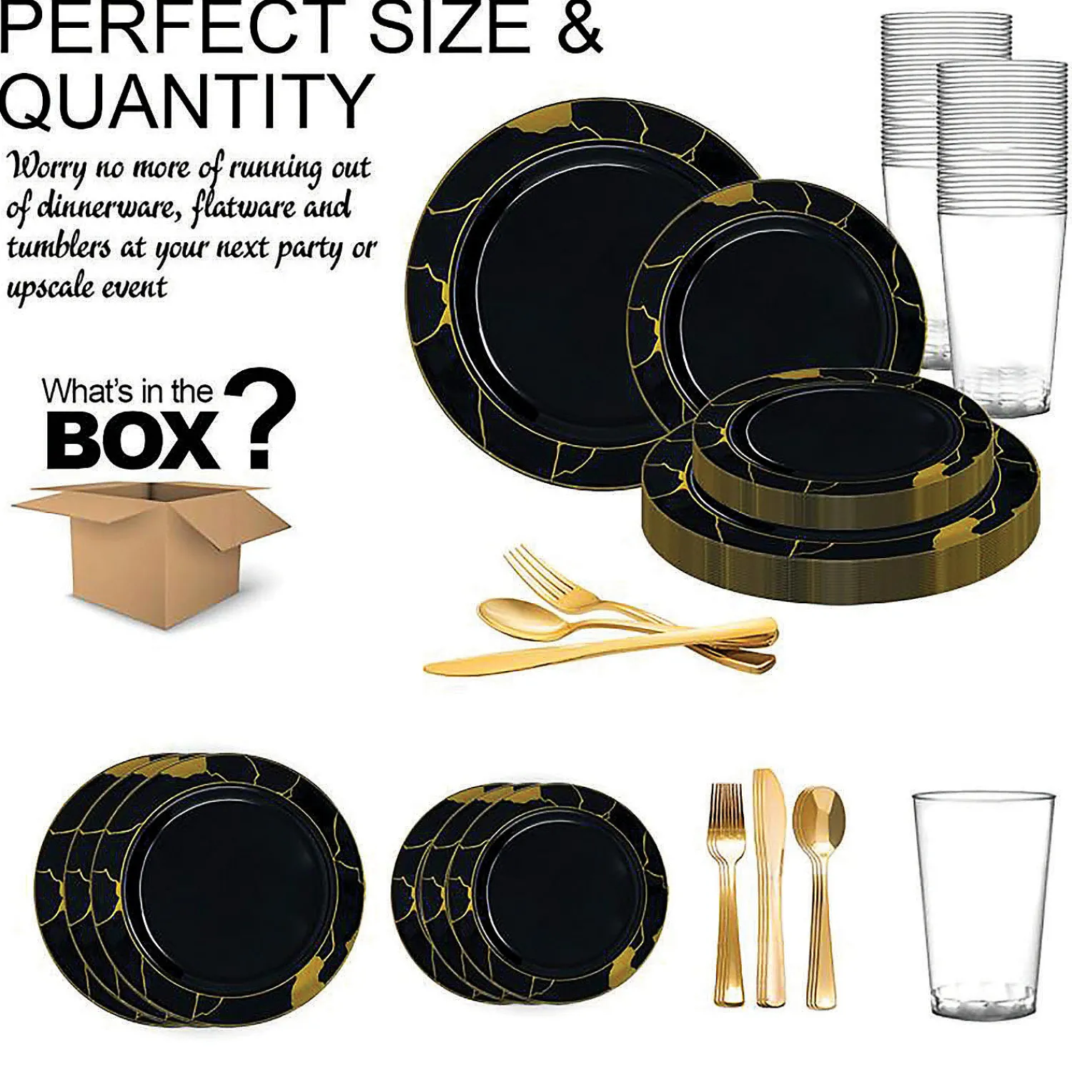 black_with_gold_marble_di_1.webp Black With Gold Marble Disposable Plastic Dinnerware Value Set (20 Settings)<Oriental Trading Sale