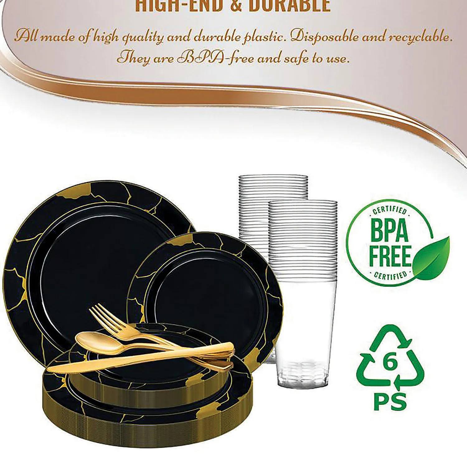 black_with_gold_marble_di_2.webp Black With Gold Marble Disposable Plastic Dinnerware Value Set (20 Settings)<Oriental Trading Sale