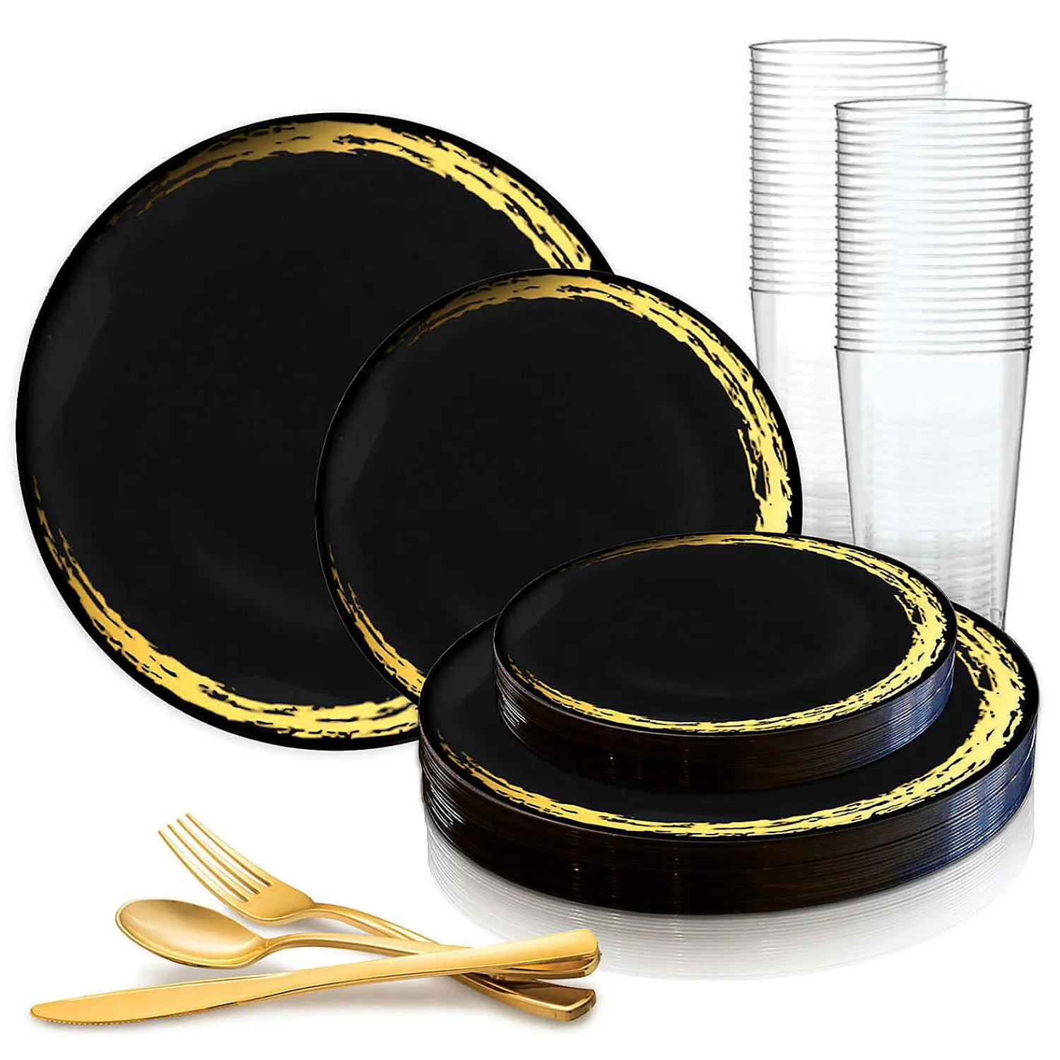 black_with_gold_moonlight_1.webp Black With Gold Moonlight Round Disposable Plastic Dinnerware Value Set (20 Settings)<Oriental Trading Shop