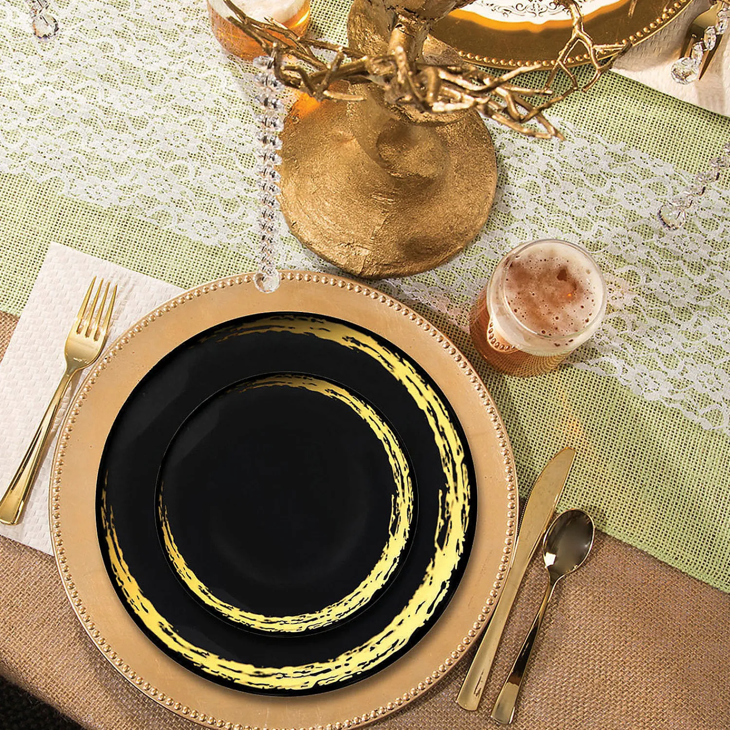 black_with_gold_moonlight_3.webp Black With Gold Moonlight Round Disposable Plastic Dinnerware Value Set (20 Settings)<Oriental Trading Shop