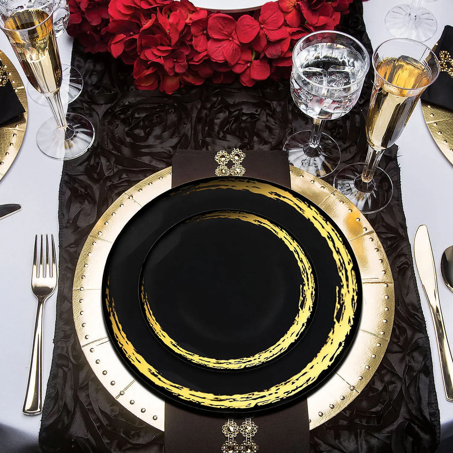 black_with_gold_moonlight_4.webp Black With Gold Moonlight Round Disposable Plastic Dinnerware Value Set (20 Settings)<Oriental Trading Shop