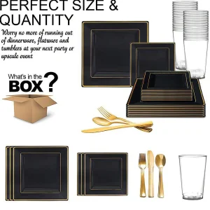 Black With Gold Square Edge Rim Plastic Dinnerware Value Set (20 Settings)<Oriental Trading New