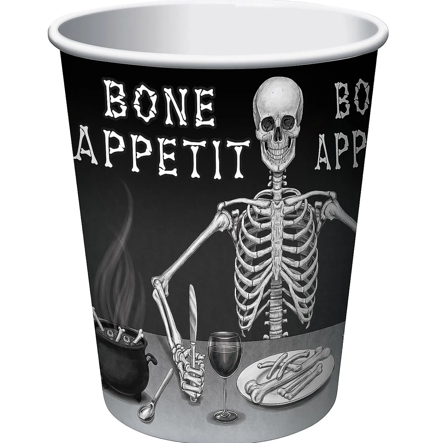 bone_appetit_smiling_skel_0.webp Bone Appetit Smiling Skeleton Halloween Paper Cups - 8 Pc.<Oriental Trading Hot
