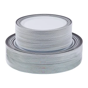 Bulk Premium White Plastic Plates With Black & White Trim - 100 Ct.<Oriental Trading Flash Sale