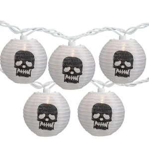 10-Count White And Black Skull Paper Lantern Halloween Lights 8.5Ft White Wire<Oriental Trading Store