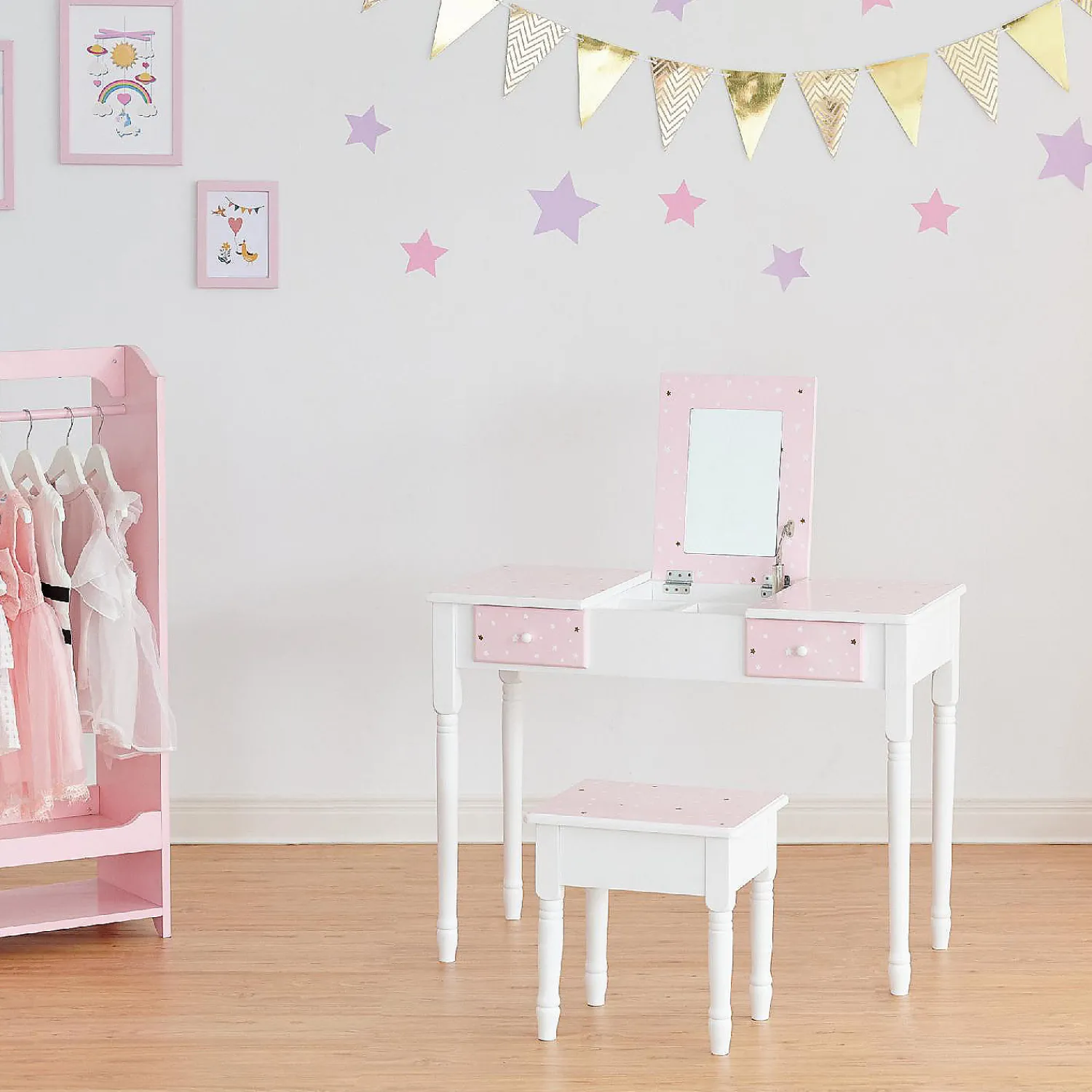 fantasy_fields__fashion_t_2.webp Oriental Trading Pretend Play*Fantasy Fields - Fashion Twinkle Star Prints Kate Play Vanity With Storage - Pink / White