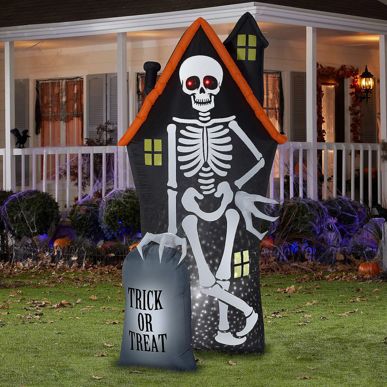 gemmy_projection_airblown_1.webp Gemmy Projection Airblown Starspinner Skeleton And Haunted House Tombstone Scene (White) 8 Ft Tall<Oriental Trading Store