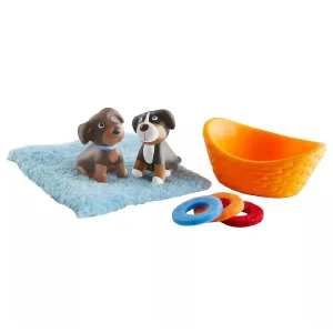 Oriental Trading Character Toys*Haba Little Friends Puppies Includes 2 Pups Blanket Basket 3 Frisbees