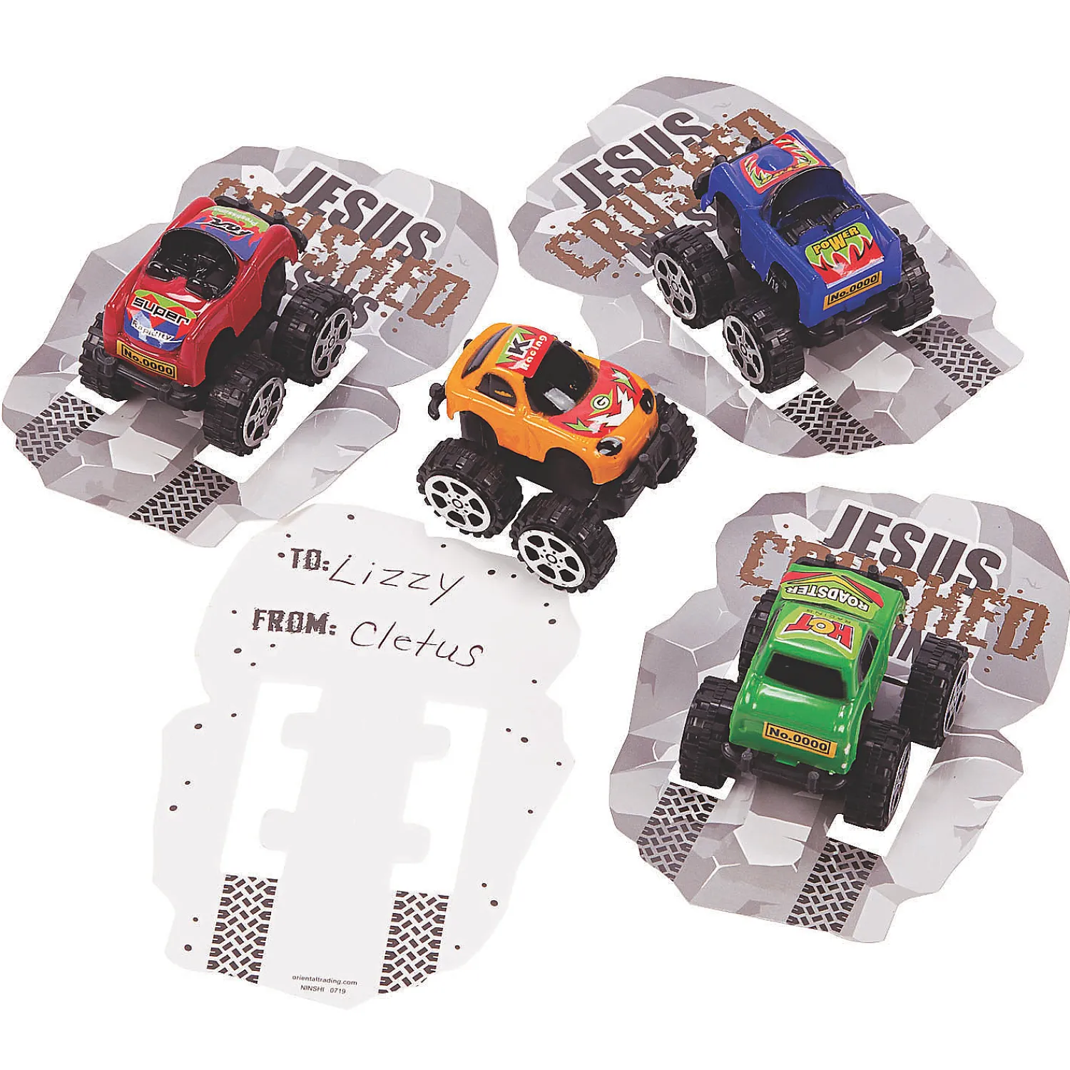 jesus_crushed_my_sins_pul_0.webp Oriental Trading Toy Cars*Jesus Crushed My Sins Pullback Trucks Exchanges With Card For 12