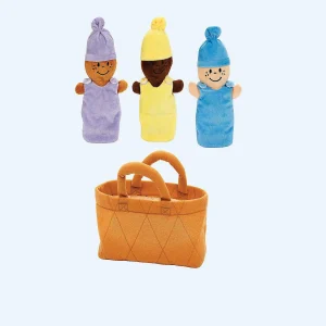 Oriental Trading Character Toys*Kovot 3 Plush Babies In Soft Carrier Basket - Squeeze To Hear Them Giggle - Removable Dress