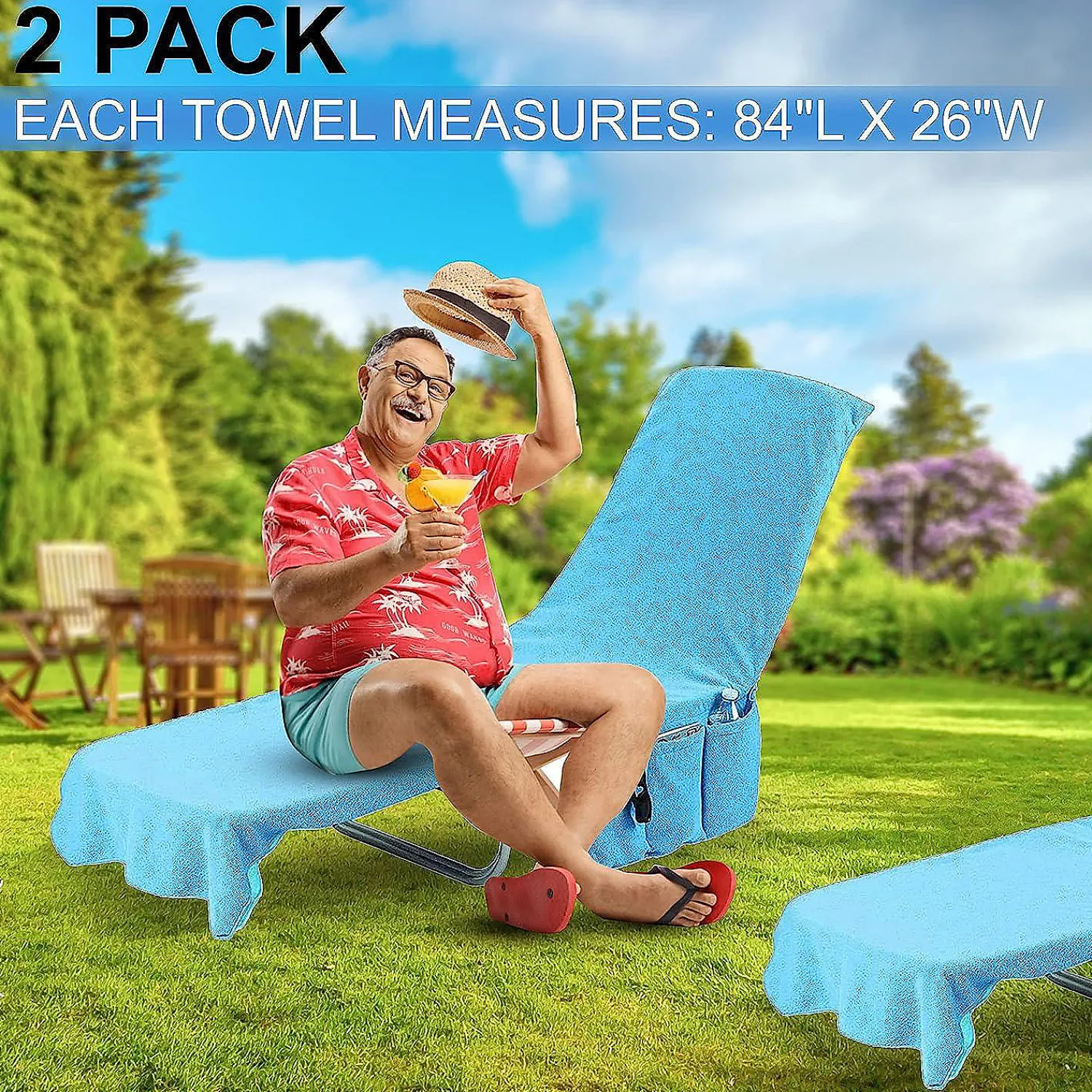 kovot_chaise_lounge_beach_2.webp Kovot Chaise Lounge Beach Chair Towel Cover With Pockets Light Blue 84 X 26 Inches 2 Pack<Oriental Trading Discount