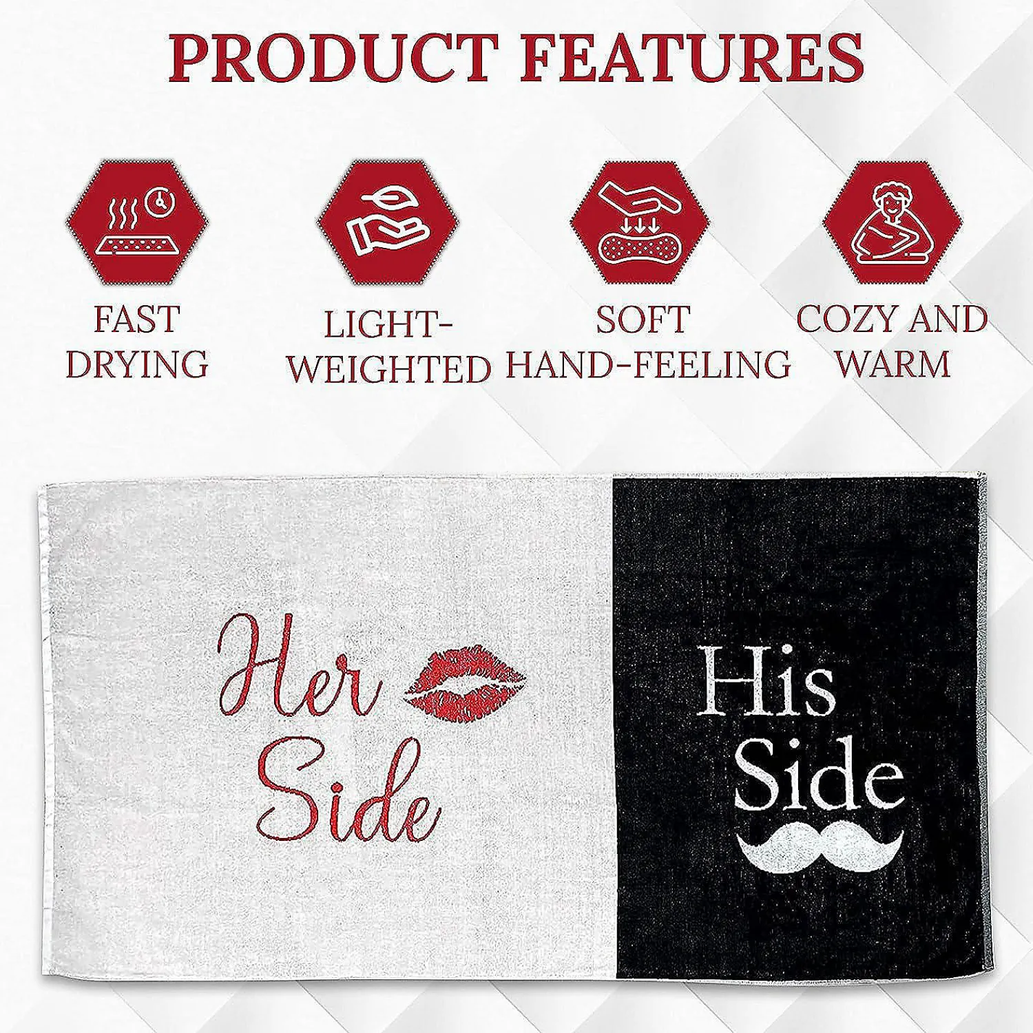 kovot_her_side_his_side_t_1.webp Kovot Her Side His Side Towel With Mustache And Red Lips. For Mr. And Mrs. Beach Or Bath, 30 Inch X 56 Inch<Oriental Trading Sale