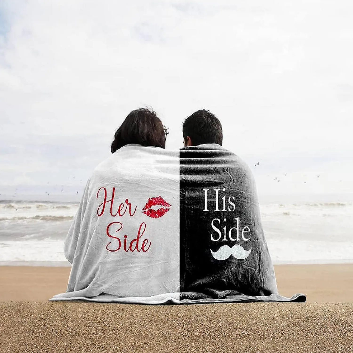 kovot_her_side_his_side_t_2.webp Kovot Her Side His Side Towel With Mustache And Red Lips. For Mr. And Mrs. Beach Or Bath, 30 Inch X 56 Inch<Oriental Trading Sale