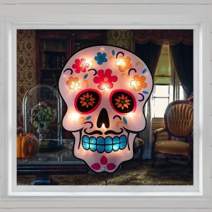 15" Lighted Day Of The Dead Sugar Skull Halloween Window Silhouette Decor<Oriental Trading Sale