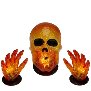 8.5" Lighted Orange Skull And Hands Outdoor Halloween Decoration - 4Ft Black Wire<Oriental Trading Sale