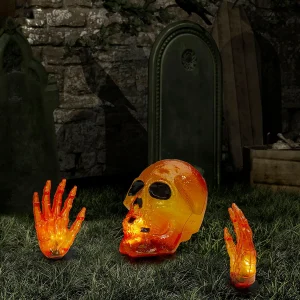 8.5" Lighted Orange Skull And Hands Outdoor Halloween Decoration - 4Ft Black Wire<Oriental Trading Sale