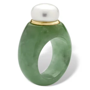 Oriental Trading Rings*Palmbeach Jewelry 10K Yellow Gold Round Genuine Cultured Freshwater Pearl And Genuine Green Jade Ring Sizes 6-10