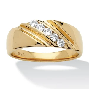 Oriental Trading Rings*Palmbeach Jewelry Men's Yellow Gold-Plated Sterling Silver Round Cubic Zirconia Diagonal Wedding Band Ring (1.5Mm) Sizes 8-16