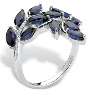 Oriental Trading Rings*Palmbeach Jewelry Platinum-Plated Sterling Silver Marquise Cut Genuine Blue Sapphire And Diamond Accent Leaf Ring Sizes 6-10