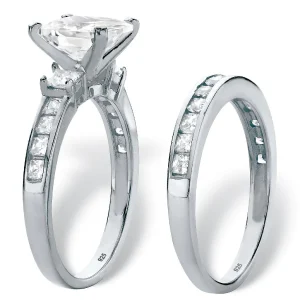 Oriental Trading Rings*Palmbeach Jewelry Platinum-Plated Sterling Silver Princess Cut Cubic Zirconia Bridal Ring Set Sizes 6-10