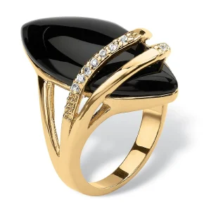 Oriental Trading Rings*Palmbeach Jewelry Yellow Gold-Plated Marquise Shaped Natural Black Onyx And Round Cubic Zirconia Ring Sizes 6-12