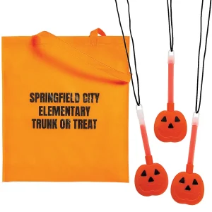 Personalized Halloween Tote Bag & Pumpkin Glow Necklace Kit For 48<Oriental Trading Discount