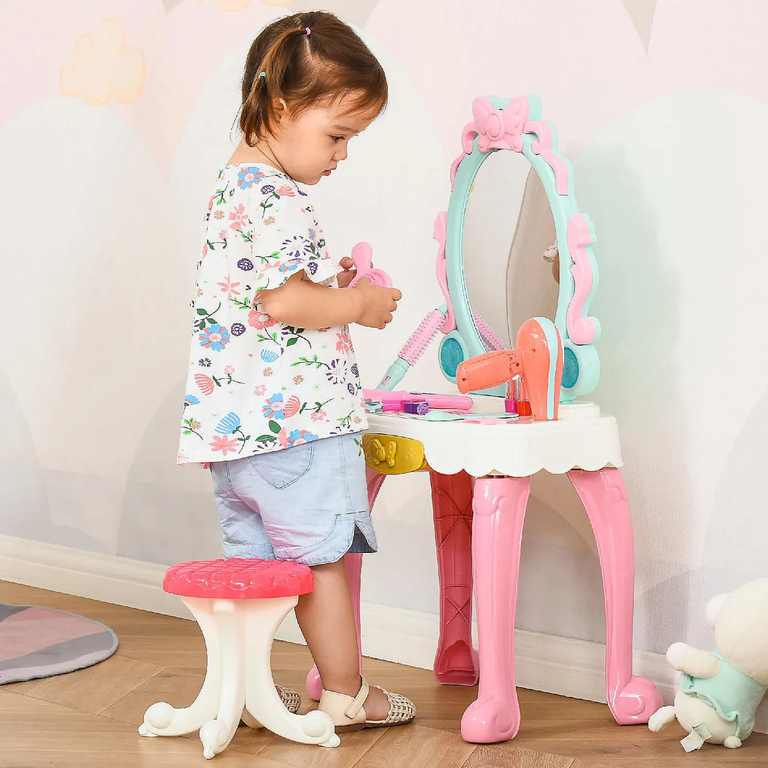 qaba__pcs_kids_vanity_dre_1.webp Oriental Trading Play Sets*Qaba 20 Pcs Kids Vanity Dressing Table Play Set Musical Beauty Kit Pretend Toy W/ Mirror Lights Make Up Desk Stool For 3 4 Years Old