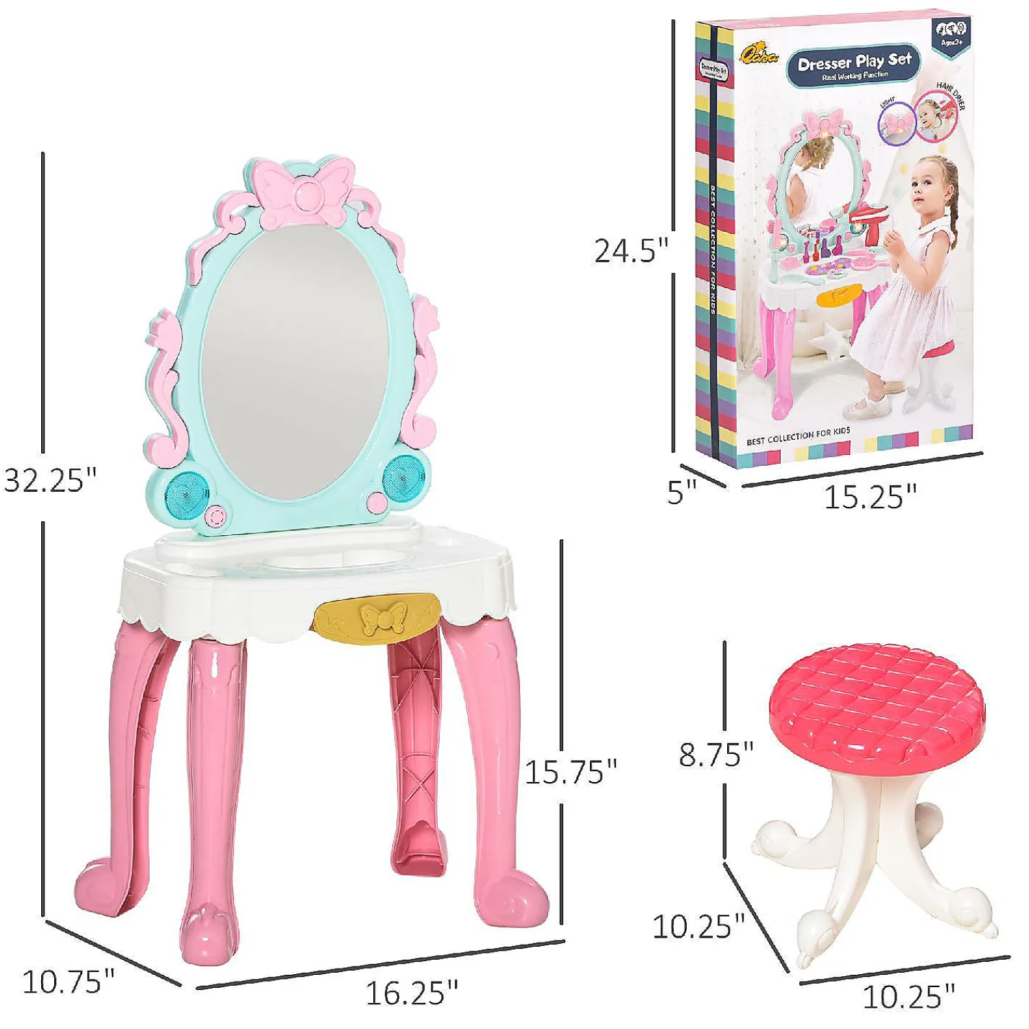 qaba__pcs_kids_vanity_dre_2.webp Oriental Trading Play Sets*Qaba 20 Pcs Kids Vanity Dressing Table Play Set Musical Beauty Kit Pretend Toy W/ Mirror Lights Make Up Desk Stool For 3 4 Years Old