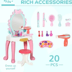 Oriental Trading Play Sets*Qaba 20 Pcs Kids Vanity Dressing Table Play Set Musical Beauty Kit Pretend Toy W/ Mirror Lights Make Up Desk Stool For 3 4 Years Old
