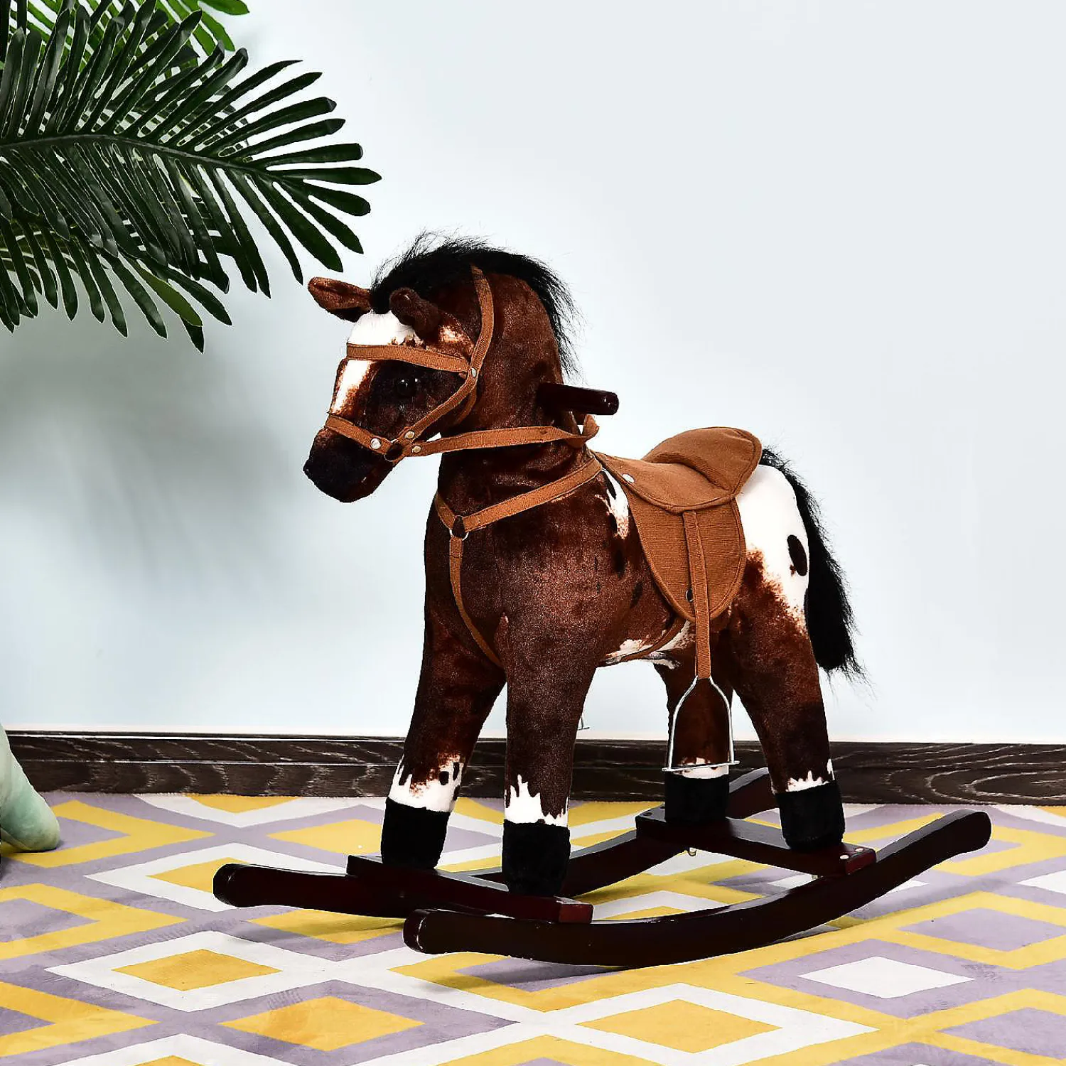 qaba_kids_metal_plush_rid_2.webp Qaba Kids Metal Plush Ride On Rocking Horse Chair Toy With Realistic Sounds Dark Brown/White<Oriental Trading Outlet