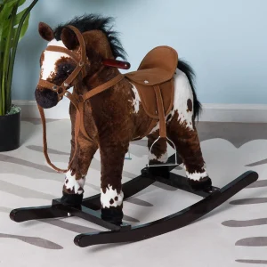 Qaba Kids Metal Plush Ride On Rocking Horse Chair Toy With Realistic Sounds Dark Brown/White<Oriental Trading Outlet