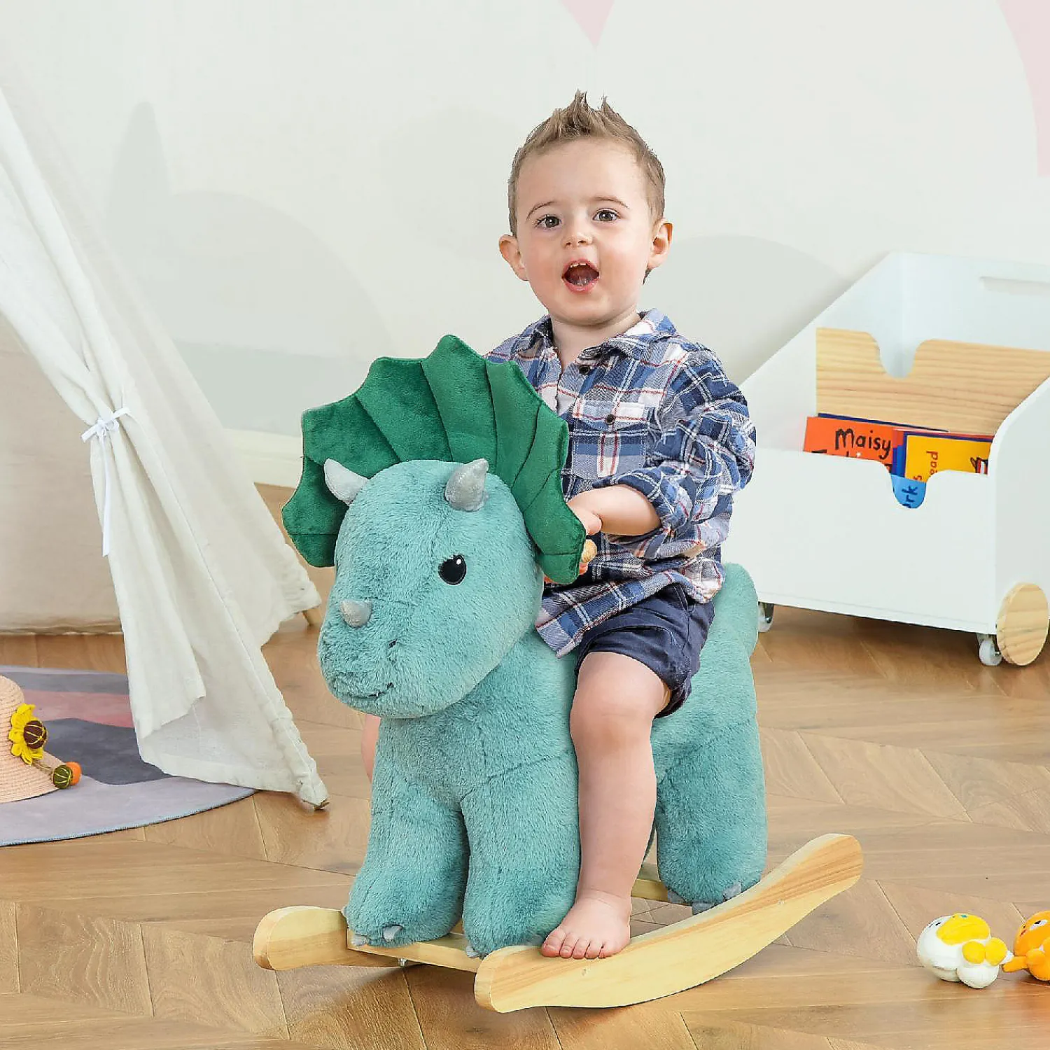 qaba_kids_plush_ride_on_r_1.webp Qaba Kids Plush Ride On Rocking Horse Triceratops Shaped Plush Toy Rocker With Realistic Sounds For Child 36 72 Months Dark Green<Oriental Trading Shop