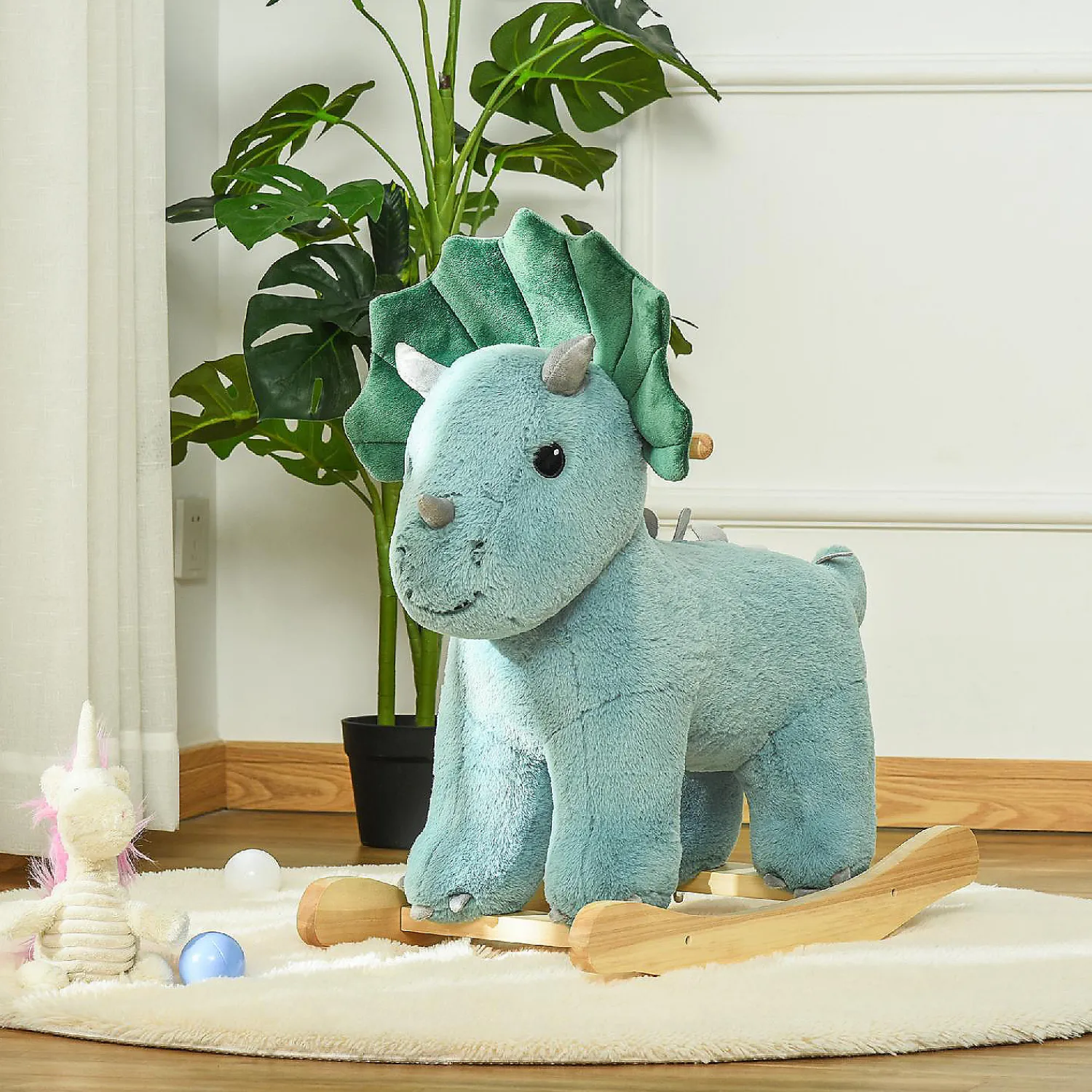 qaba_kids_plush_ride_on_r_2.webp Qaba Kids Plush Ride On Rocking Horse Triceratops Shaped Plush Toy Rocker With Realistic Sounds For Child 36 72 Months Dark Green<Oriental Trading Shop