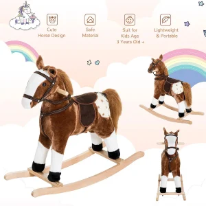 Qaba Kids Plush Toy Rocking Horse Pony Toddler Ride On Animal For Girls Pink Birthday Gifts With Realistic Sounds Brown<Oriental Trading New