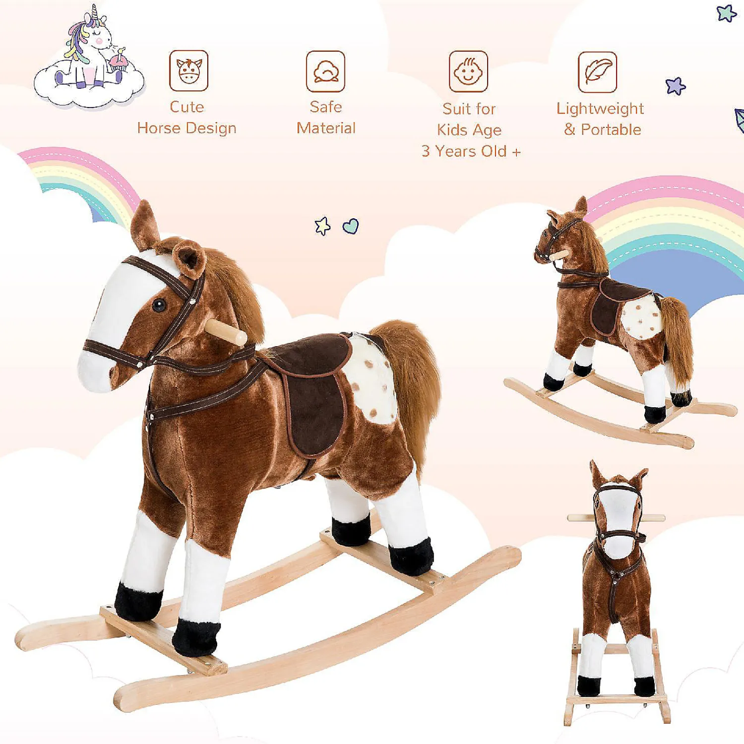 qaba_kids_plush_toy_rocki_3.webp Qaba Kids Plush Toy Rocking Horse Pony Toddler Ride On Animal For Girls Pink Birthday Gifts With Realistic Sounds Brown<Oriental Trading New