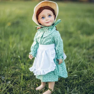 Oriental Trading Play Sets*The Queen's Treasures 18 Inch Girl Doll Clothes, Little House On The Prairie Green American Calico Dress With Apron And Straw Bonnet
