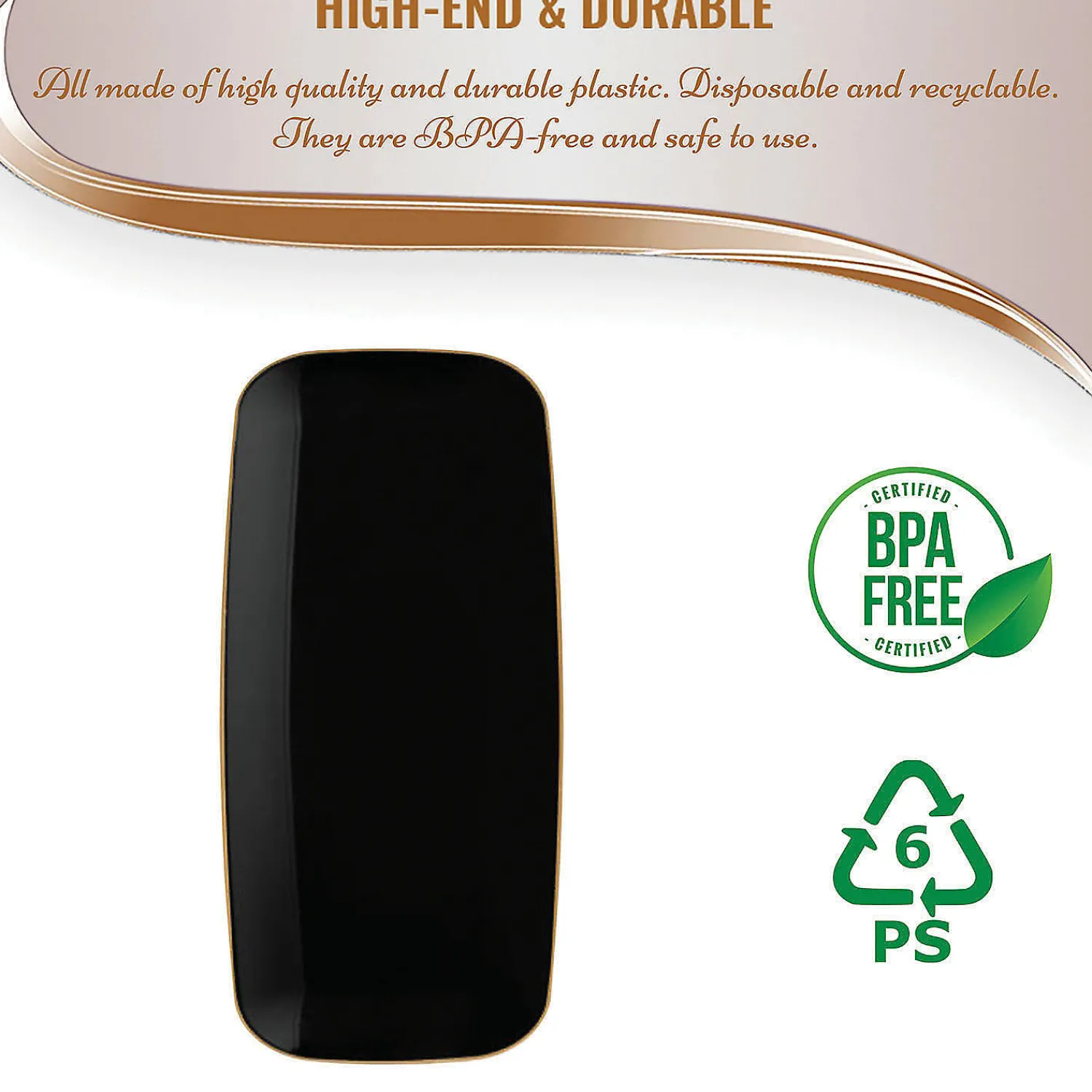 x__black_with_gold_rim_f_2.webp 10.6" X 5" Black With Gold Rim Flat Raised Edge Rectangular Disposable Plastic Plates (50 Plates)<Oriental Trading Cheap