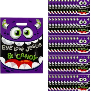12 1/2" X 17" Bulk 50 Pc. Religious Monster Eye Love Jesus & Candy Plastic Goody Bags<Oriental Trading Shop