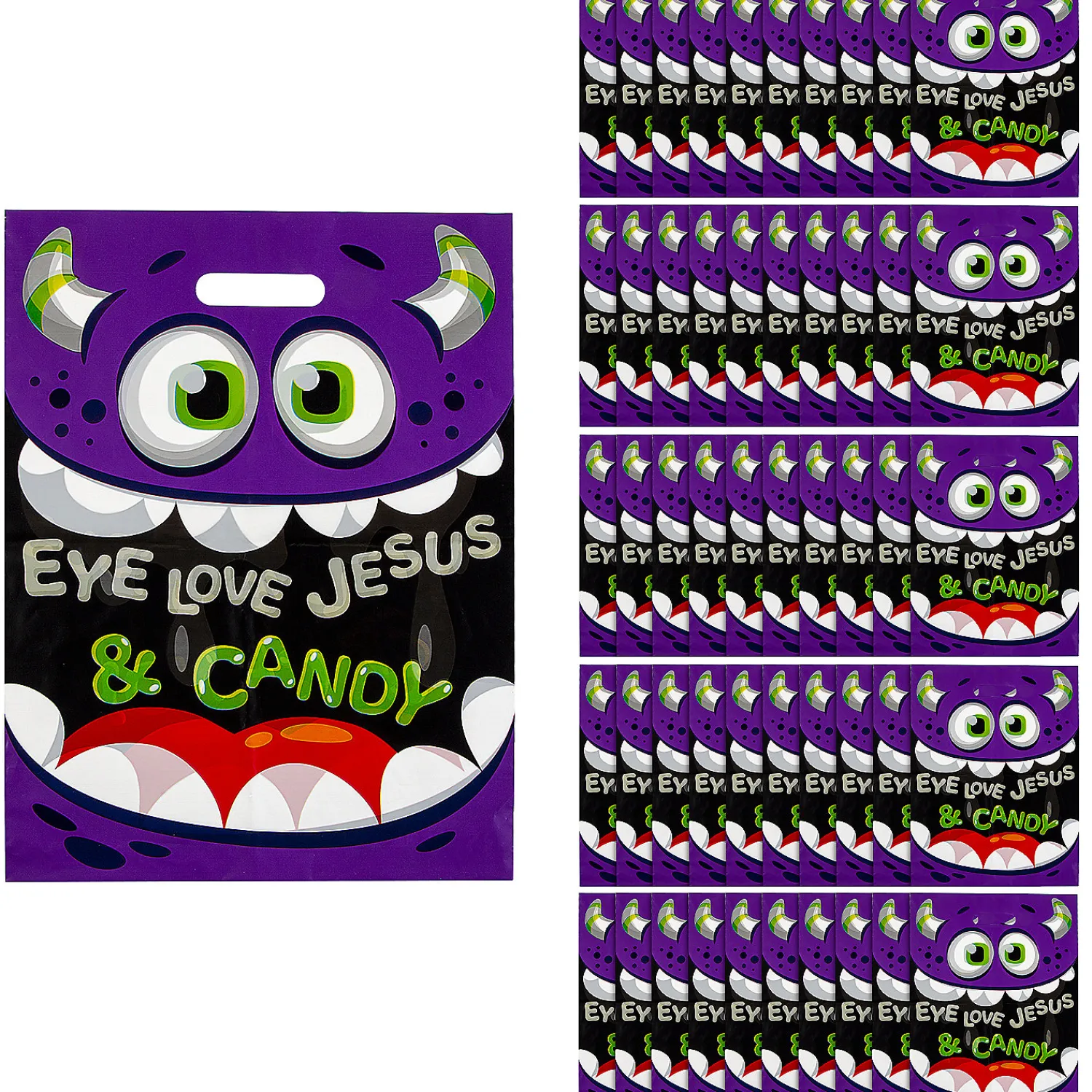 x__bulk__pc_religious_m_0.webp 12 1/2" X 17" Bulk 50 Pc. Religious Monster Eye Love Jesus & Candy Plastic Goody Bags<Oriental Trading Sale